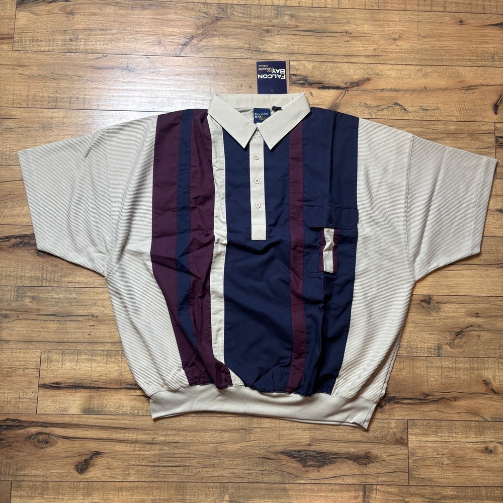 Falcon Bay Classics Men Tan Navy Burgundy Colorblock Striped Polo Shirt 2X NEW
